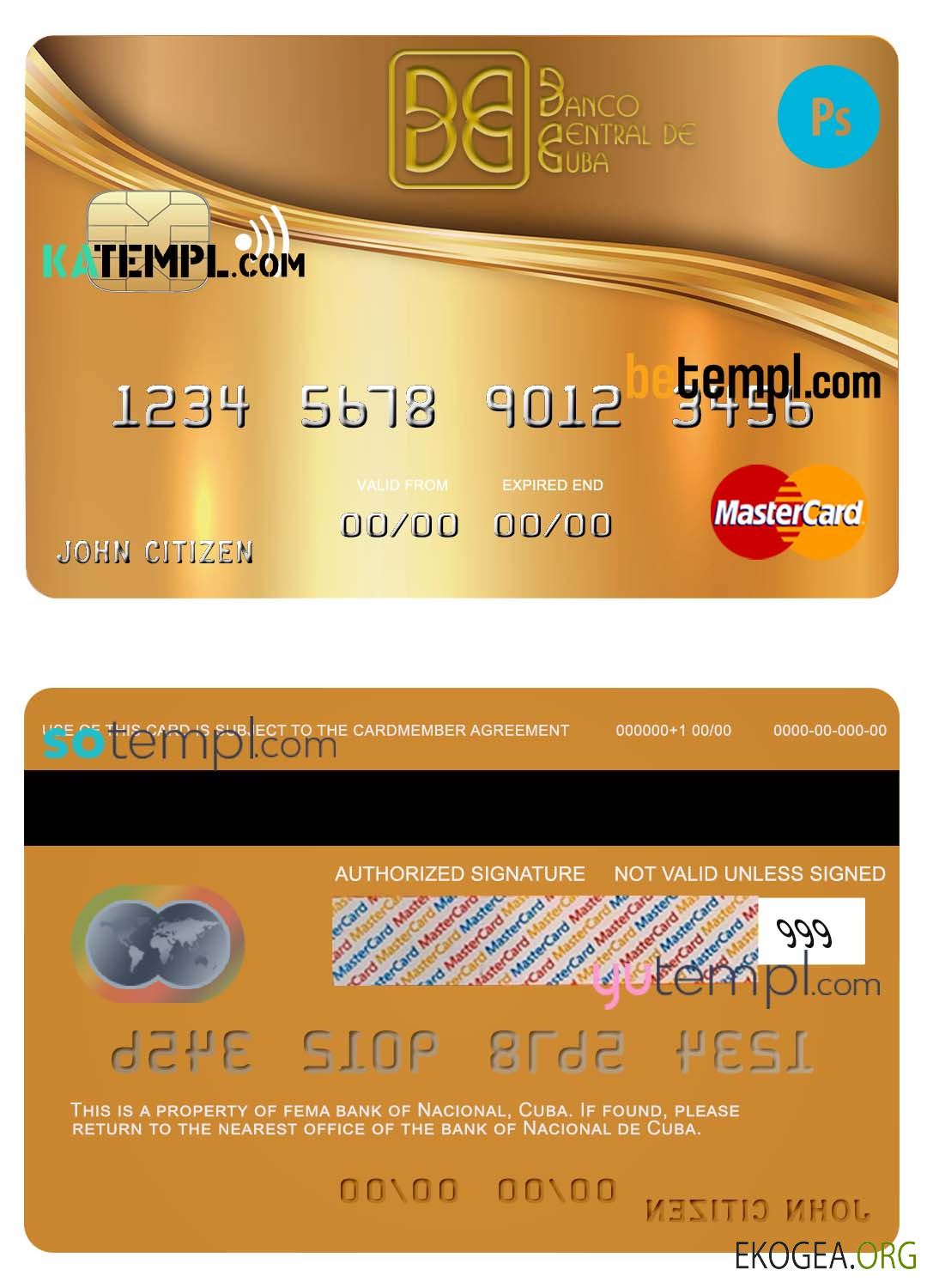 Modèle de carte de crédit mastercard de la banque Cuba Nacional au format PSD, entièrement modifiable